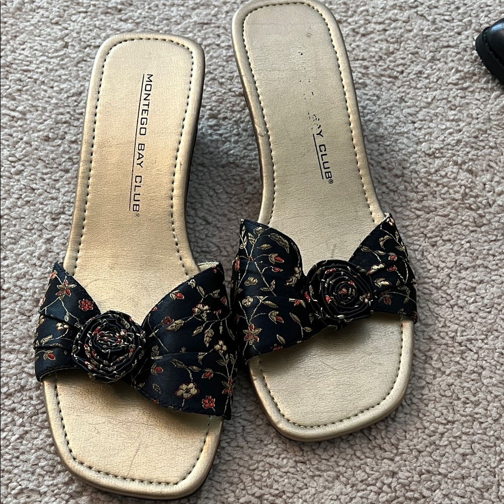 Montego Bay Club Black Floral Sandals with Rose Accent